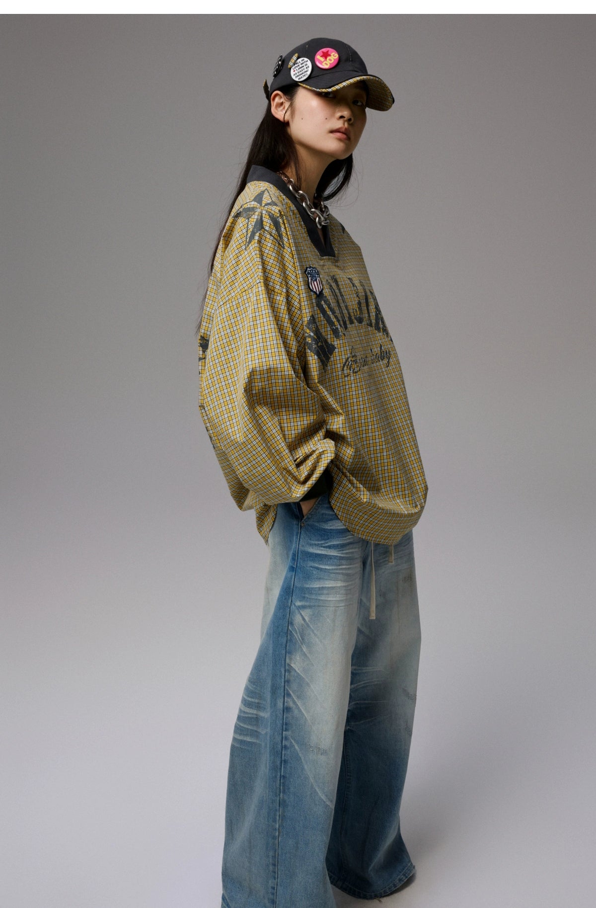 Vintage V-Neck Check Jersey Shirt - CHINASQUAD
