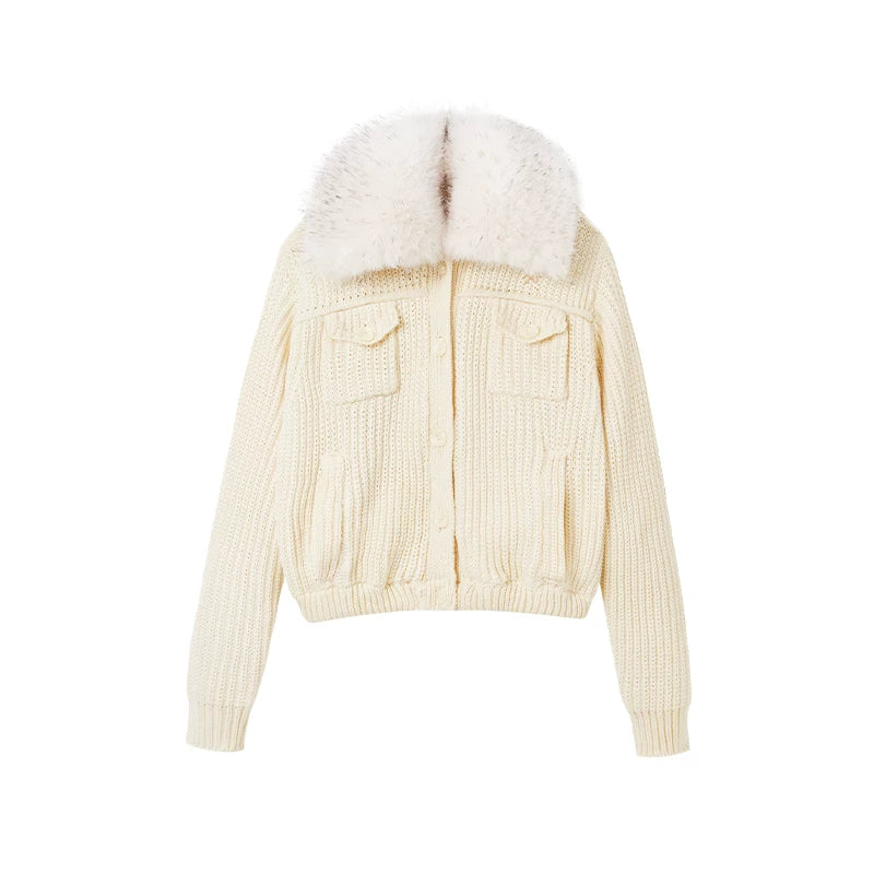 Faux Fur Collar Wool Knit Cardigan