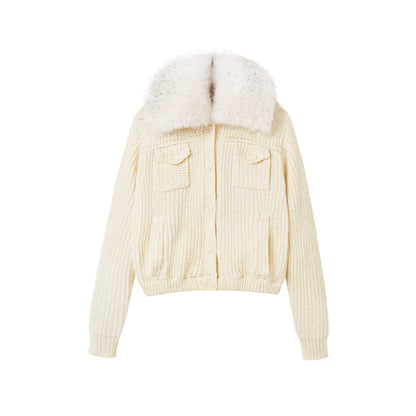 Faux Fur Collar Wool Knit Cardigan