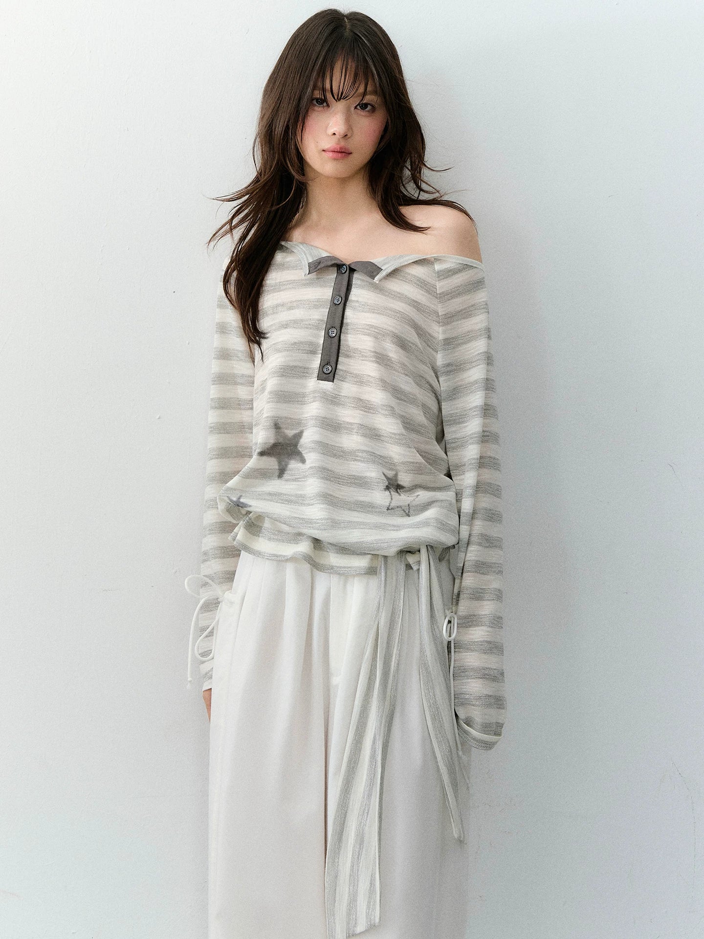 Star Print Off-Shoulder Striped Relaxed Knit Blouse
