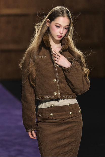 Corduroy Fur-Collar Jacket &amp; Skirt Set