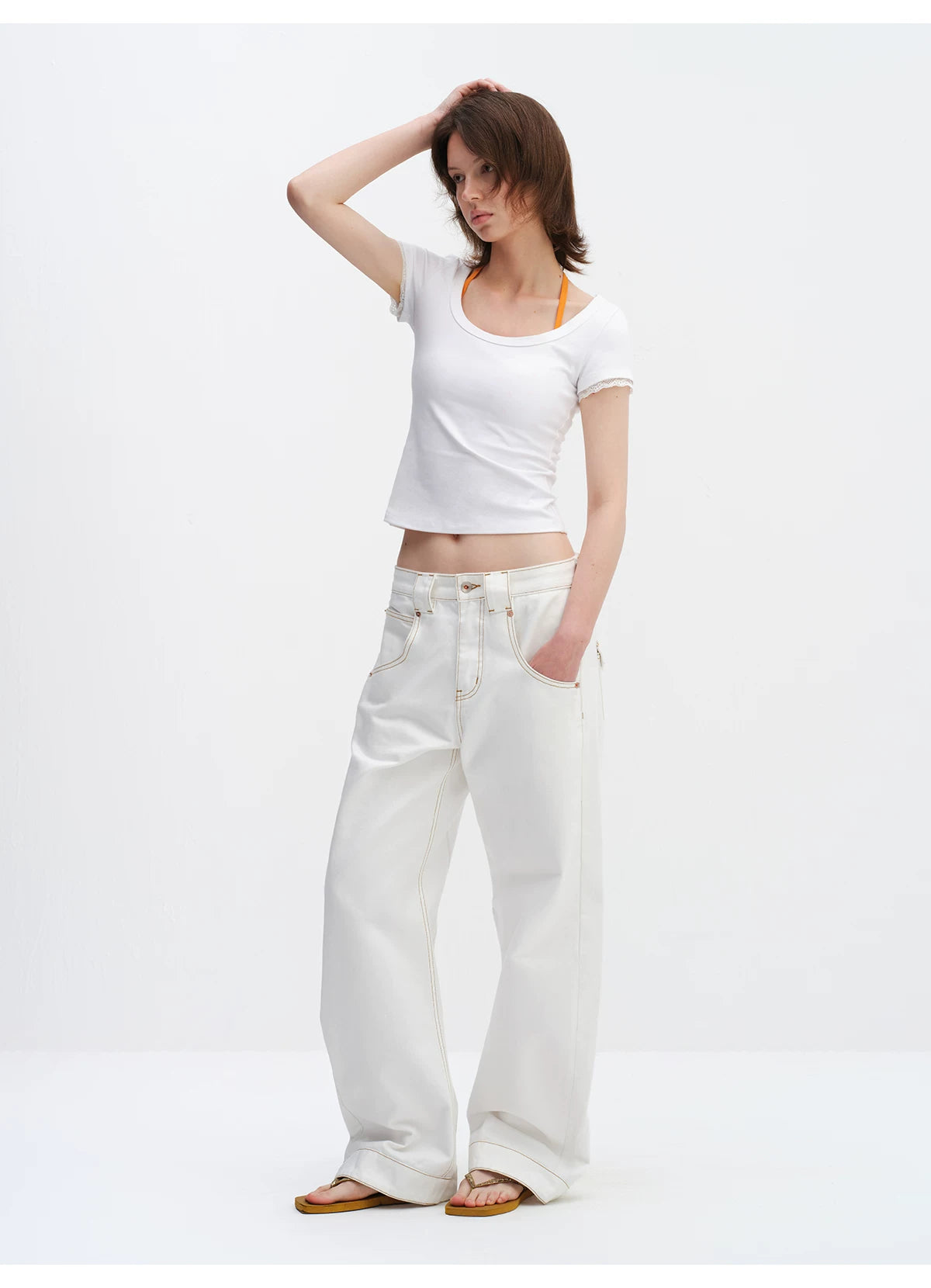 Lace Trim Scoop Neck Fitted Cotton T-Shirt