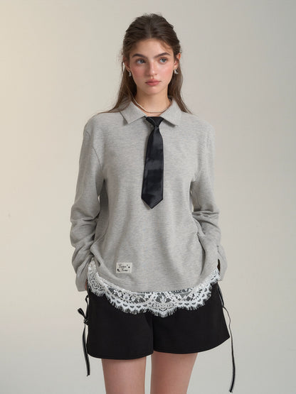 Polo Collar Lace-Trim T-Shirt