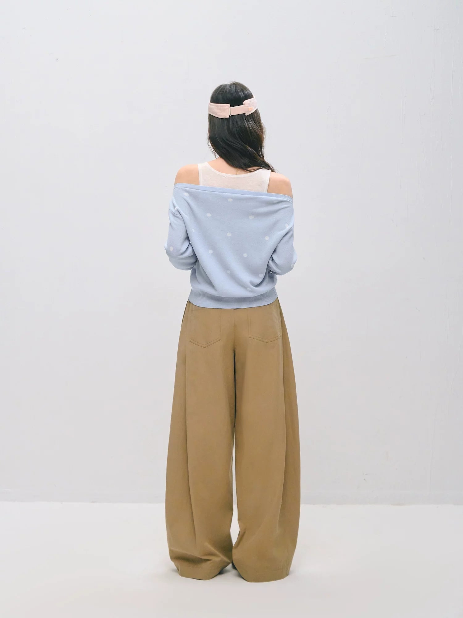 Asymmetric Pleated Curved Wide-Leg Trousers