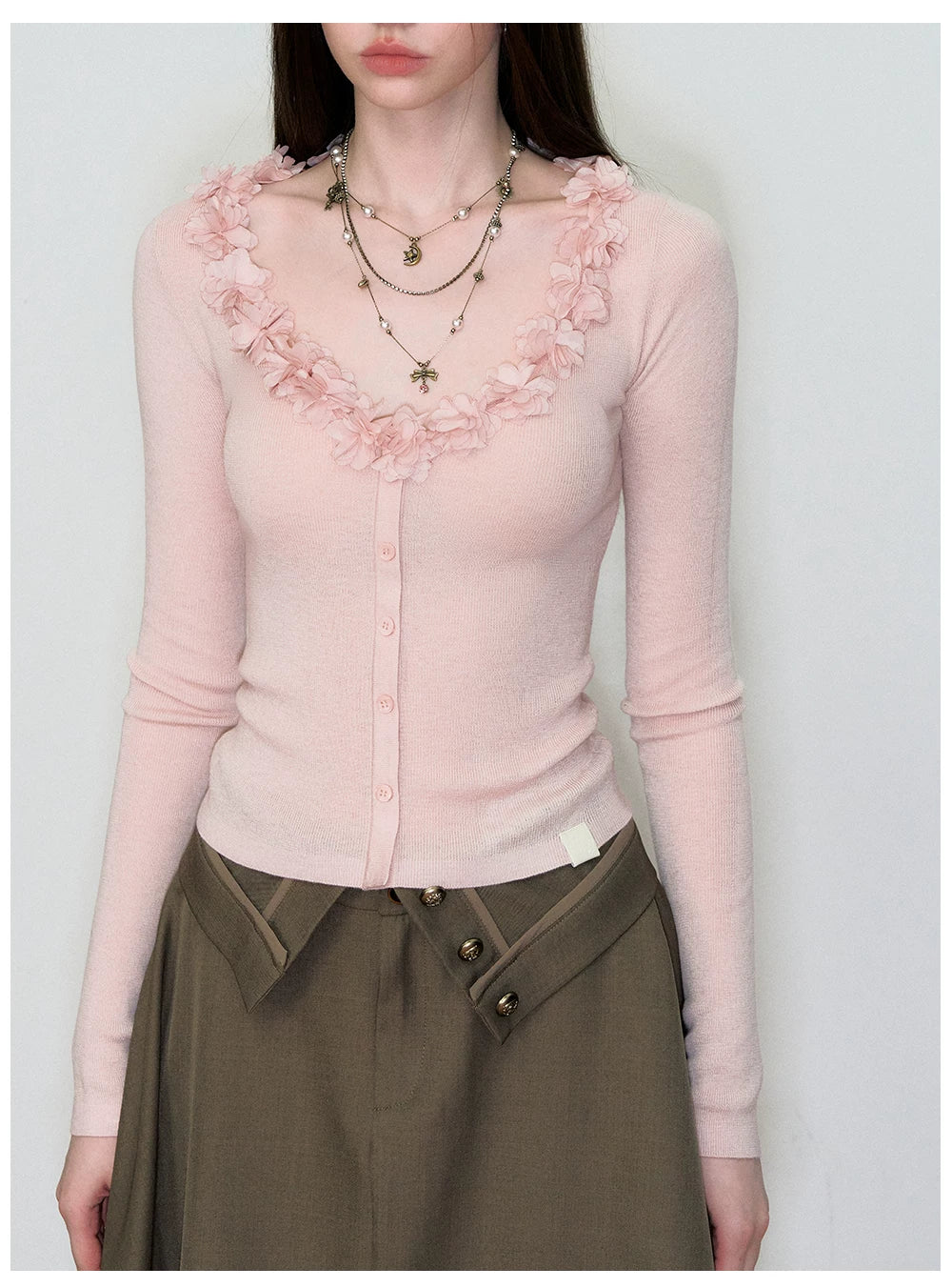 V-Neck Lace-Trim Fitted Knit Cardigan
