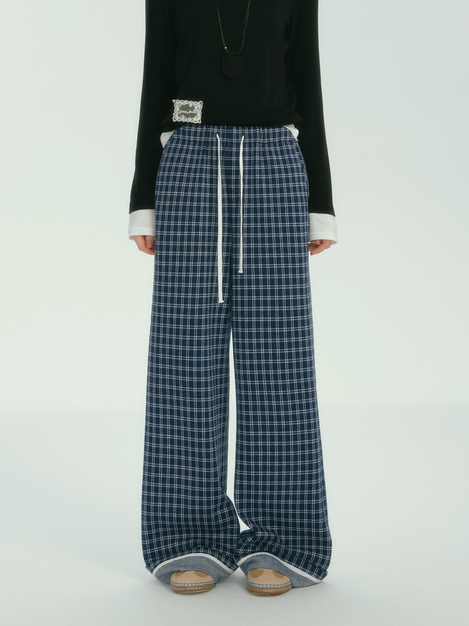 Relaxed Plaid Thin Fleece Wide-Leg Pants