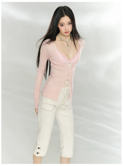 Sheer Layered Lace-Trim Knit Cardigan