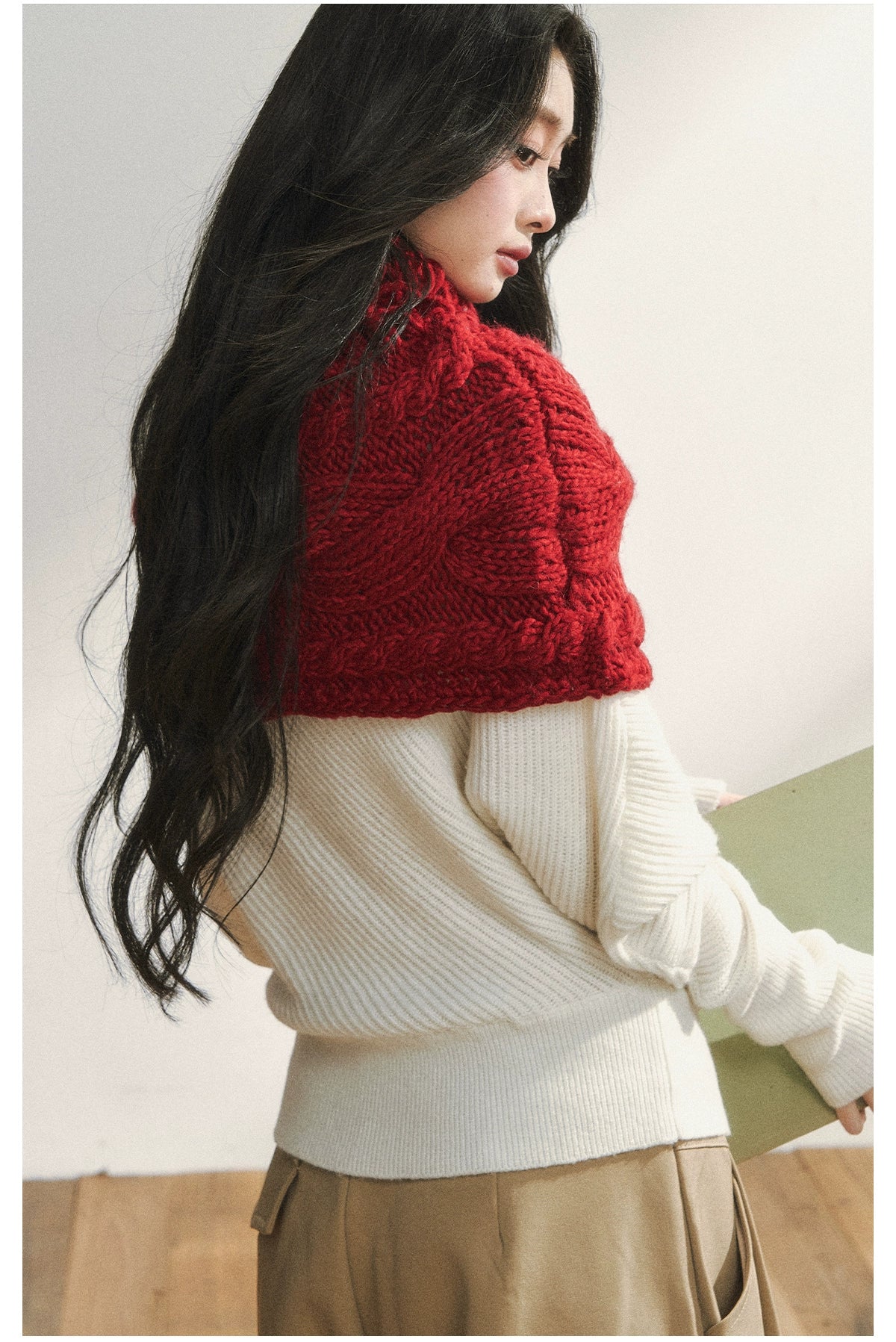 Two-Tone Knitted Fuzzy Pullover Shawl