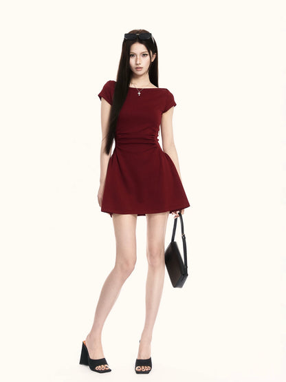 Sculpted Boat-Neck Waist-Defined Mini Dress