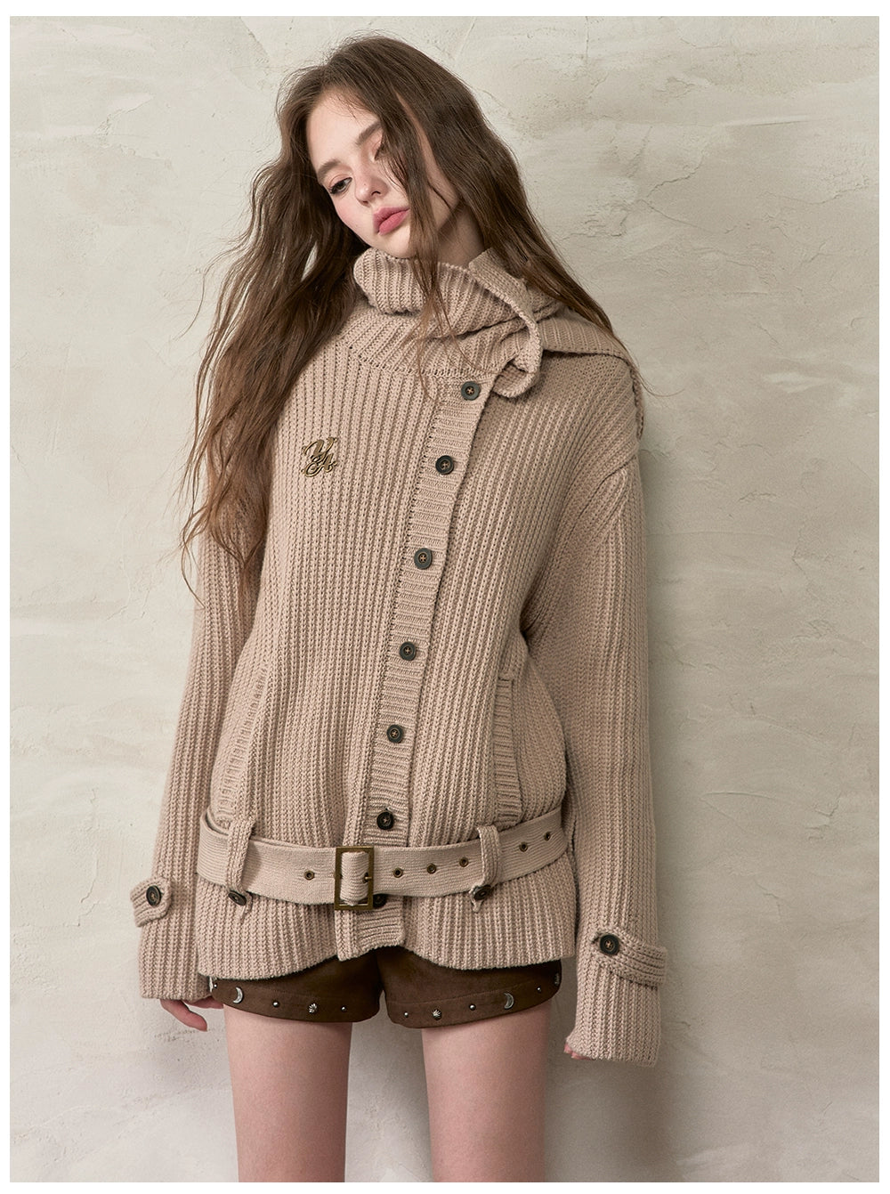 Oversized Turtleneck Cardigan with Attached Scarf