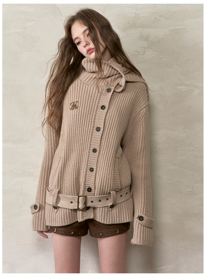 Oversized Turtleneck Cardigan with Attached Scarf
