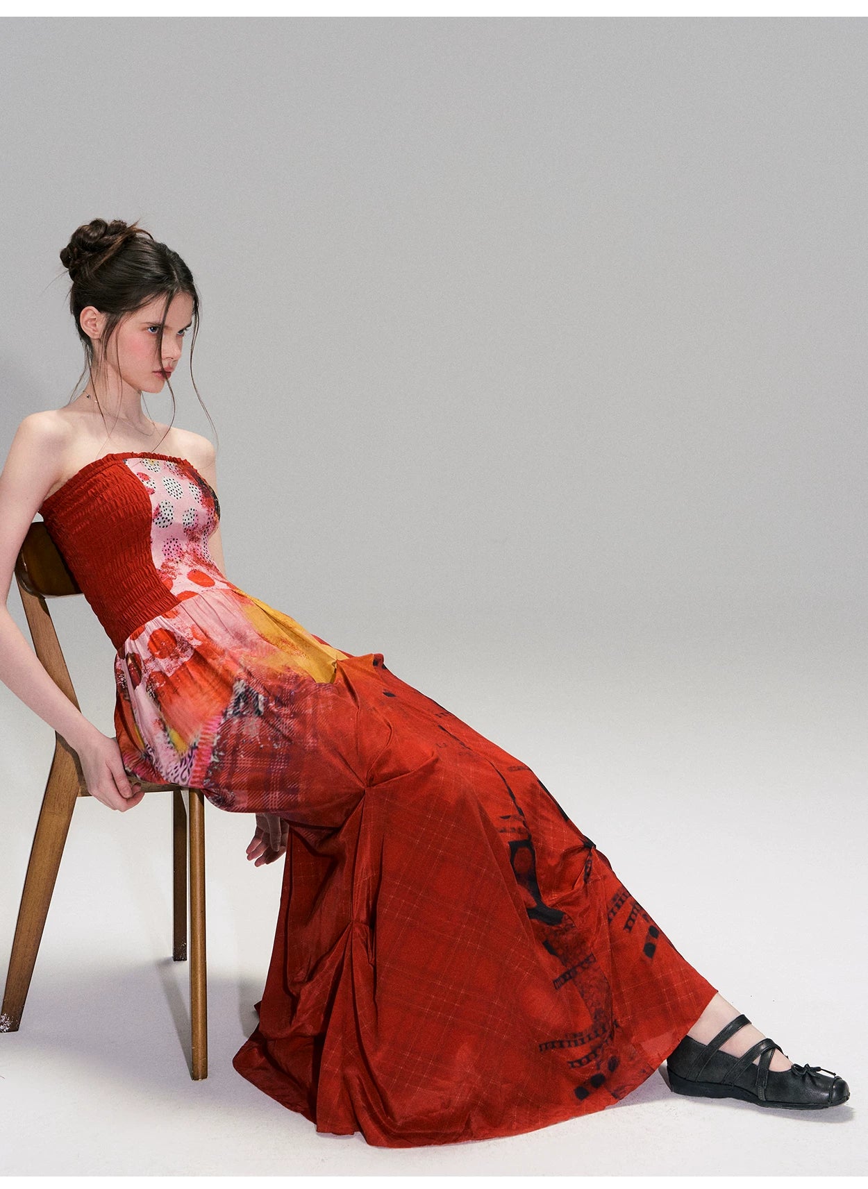 Vintage Red Strapless Printed Maxi Dress