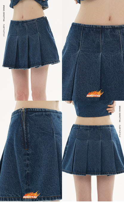 Dark Blue &amp; Light Blue Denim Pleated Skirt - CHINASQUAD