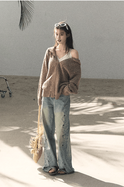 Washed Straight-Leg Wide Denim Pants