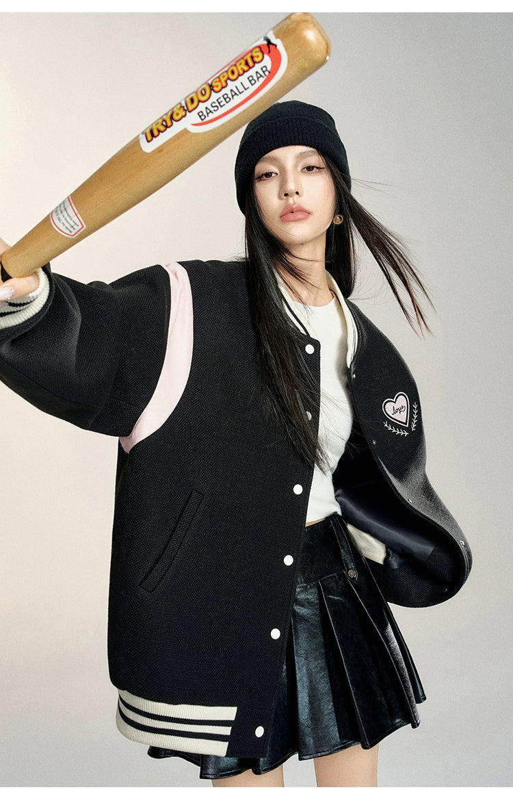 White &amp; Black Heart Embroidered Baseball Jacket