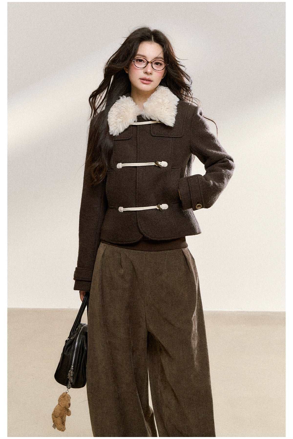 Brown Wool-Blend Toggle Cropped Jacket