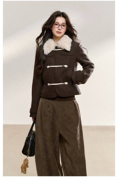 Brown Wool-Blend Toggle Cropped Jacket