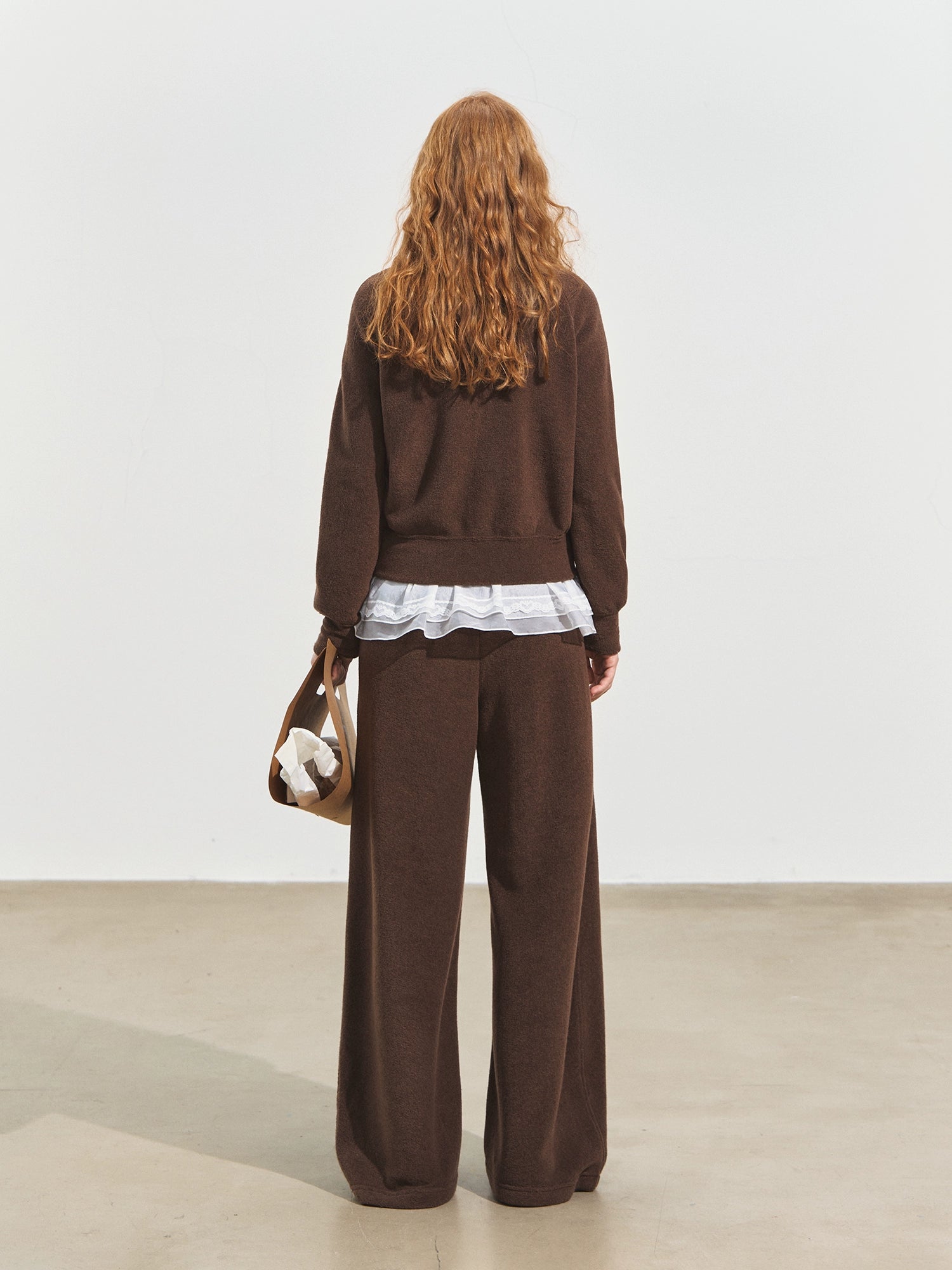 Plush Terry Fleece High-Neck Zip-up Sweatshirt &amp; Banana Pants Set