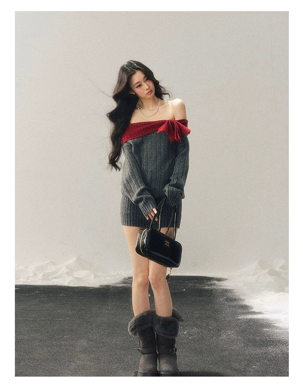 Off-Shoulder American-Style Knit Mini Dress