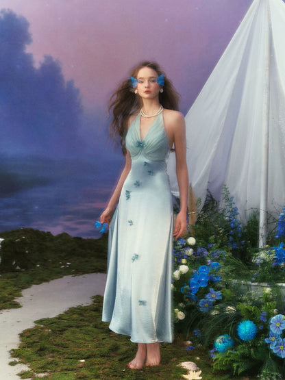 French Resort Halter Blue Floral Satin Dress