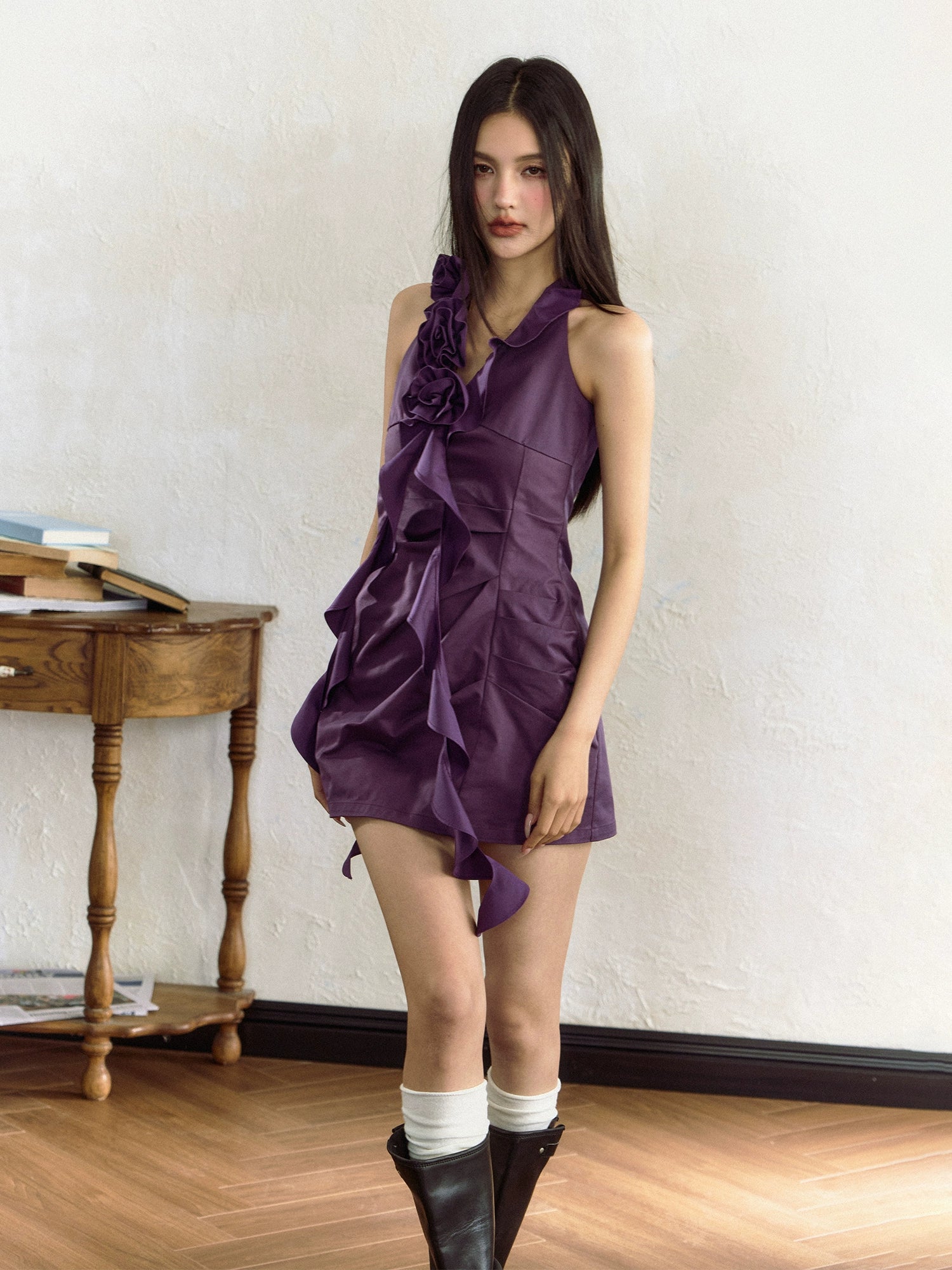 Purple Rose Ruffle Trim Sleeveless Dress - CHINASQUAD