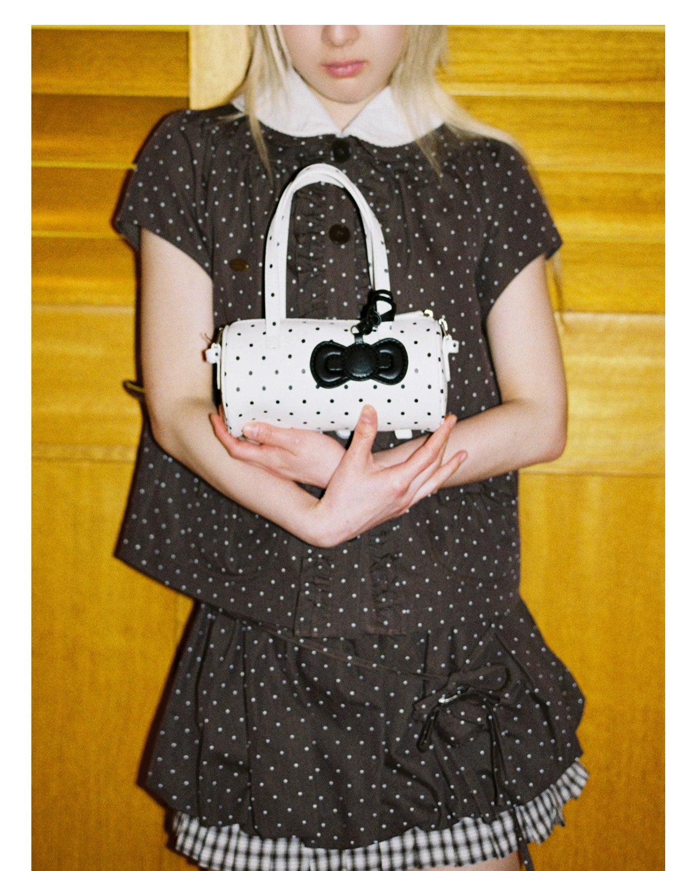 Bow-Accent Polka Dot &amp; Floral Barrel Bag