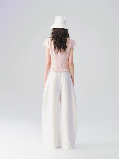 Soft Ruffle Trim V-Neck Cropped Blouse