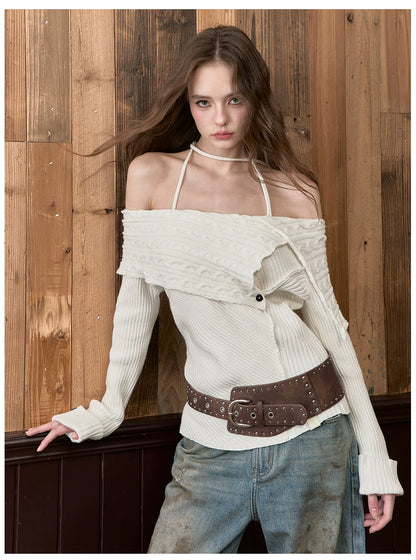 Off-Shoulder Halter Neck Cable Knit Sweater