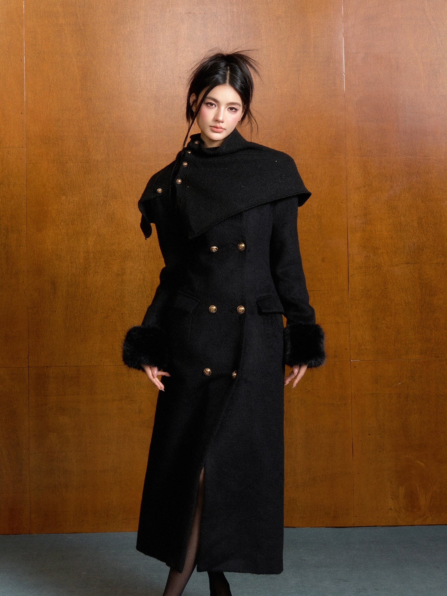 Detachable Fur Waist-Fitted Wool Coat &amp; Scarf Set