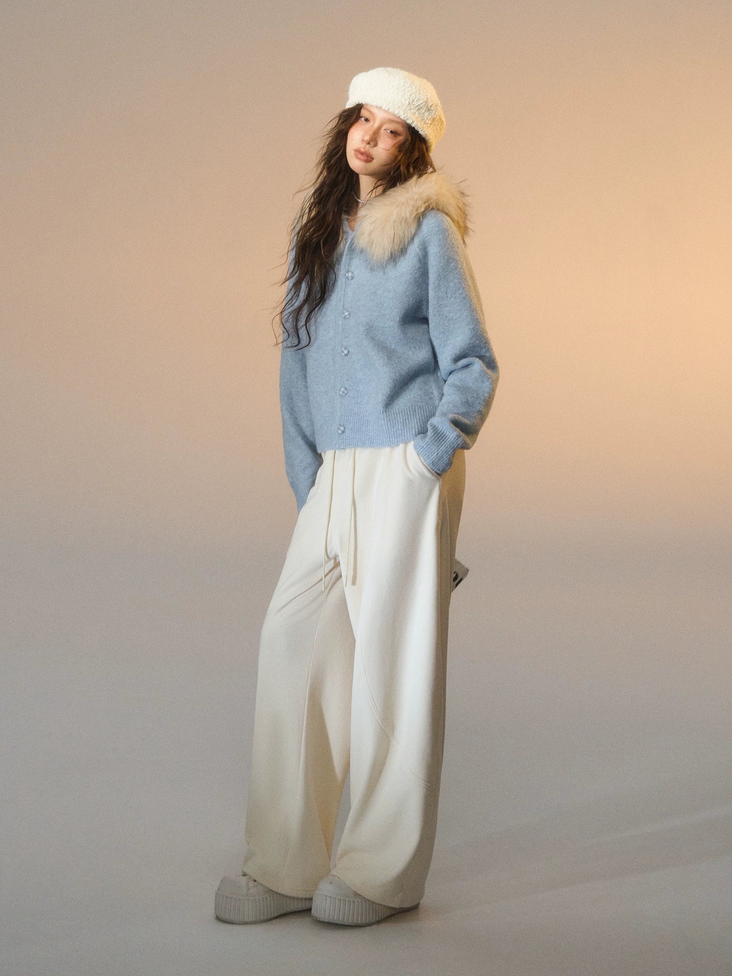 Detachable Fur-Collar Fleece Hooded Cardigan