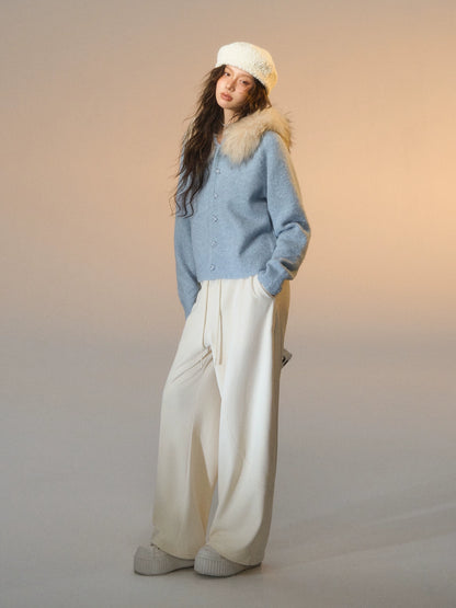 Detachable Fur-Collar Fleece Hooded Cardigan