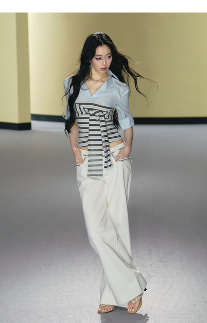 Layered Contrast Tie-Waist Shirt Top