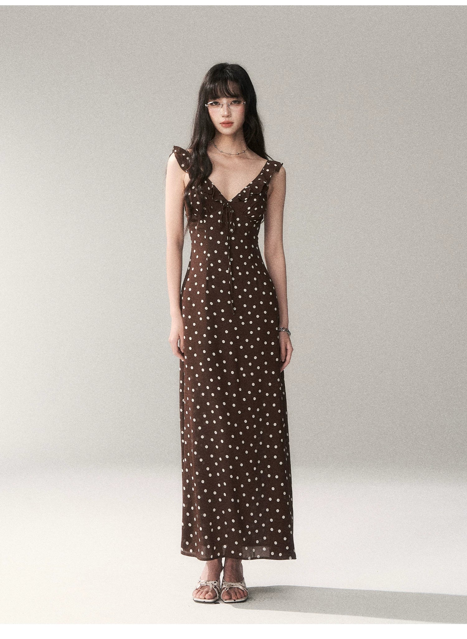 Chocolate Polka Dot French Slim-Fit Slip Maxi Dress