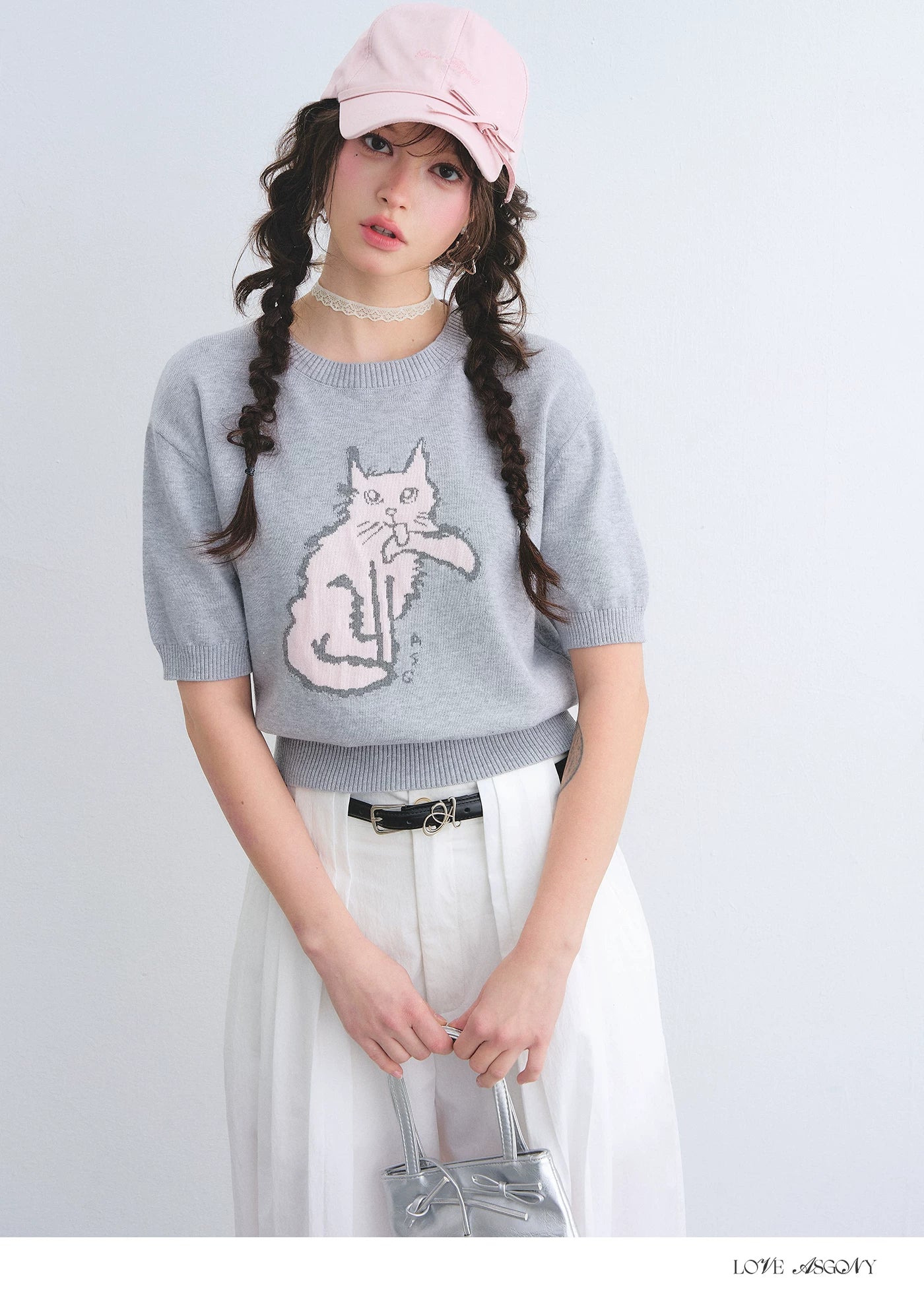 Jacquard Cat Motif Short Sleeve Knit Top