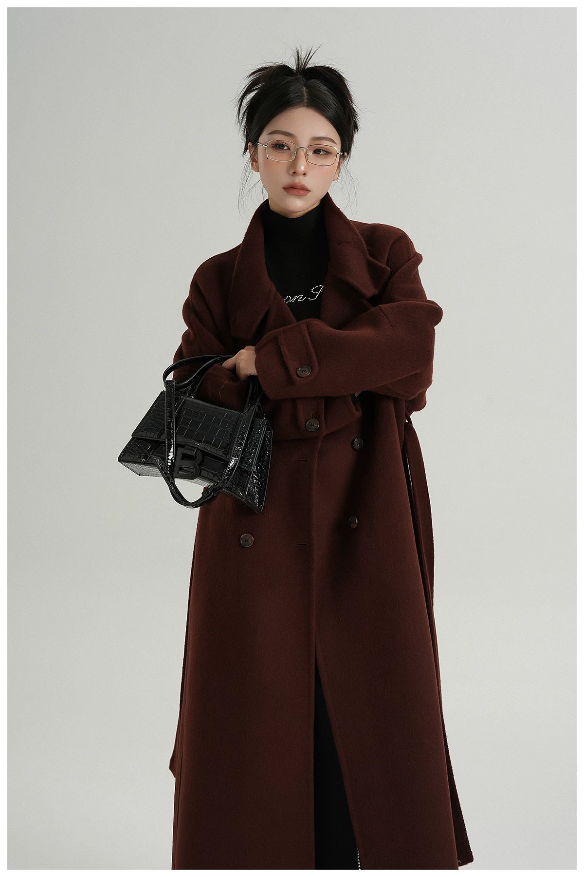 Stand-Collar Long Wool Coat