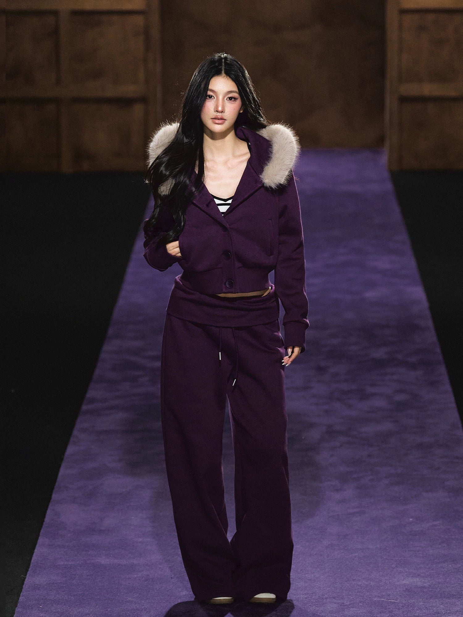 Faux Fur Hooded Cropped Hoodie &amp; Jogger Set