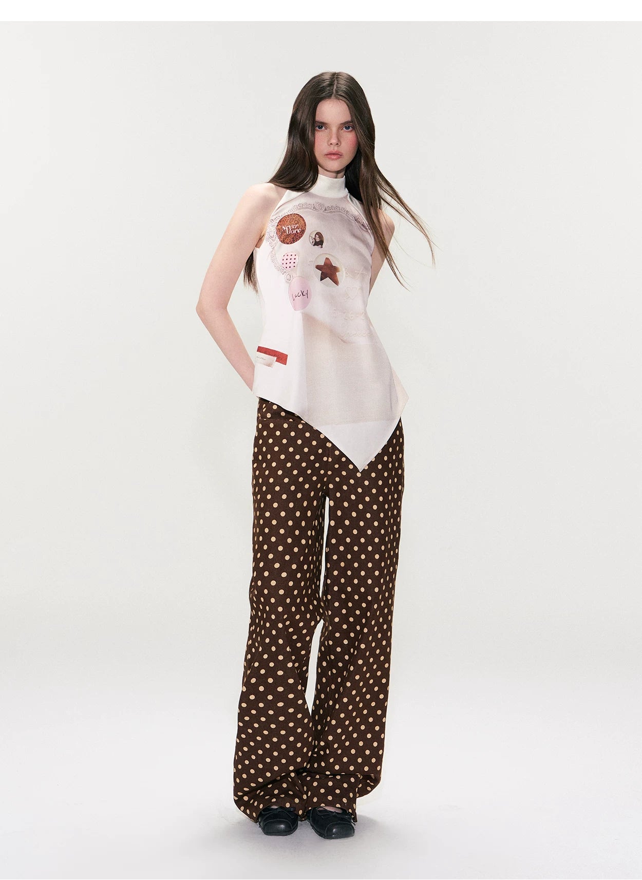 Vintage Polka Dot Straight-Leg Denim Trousers