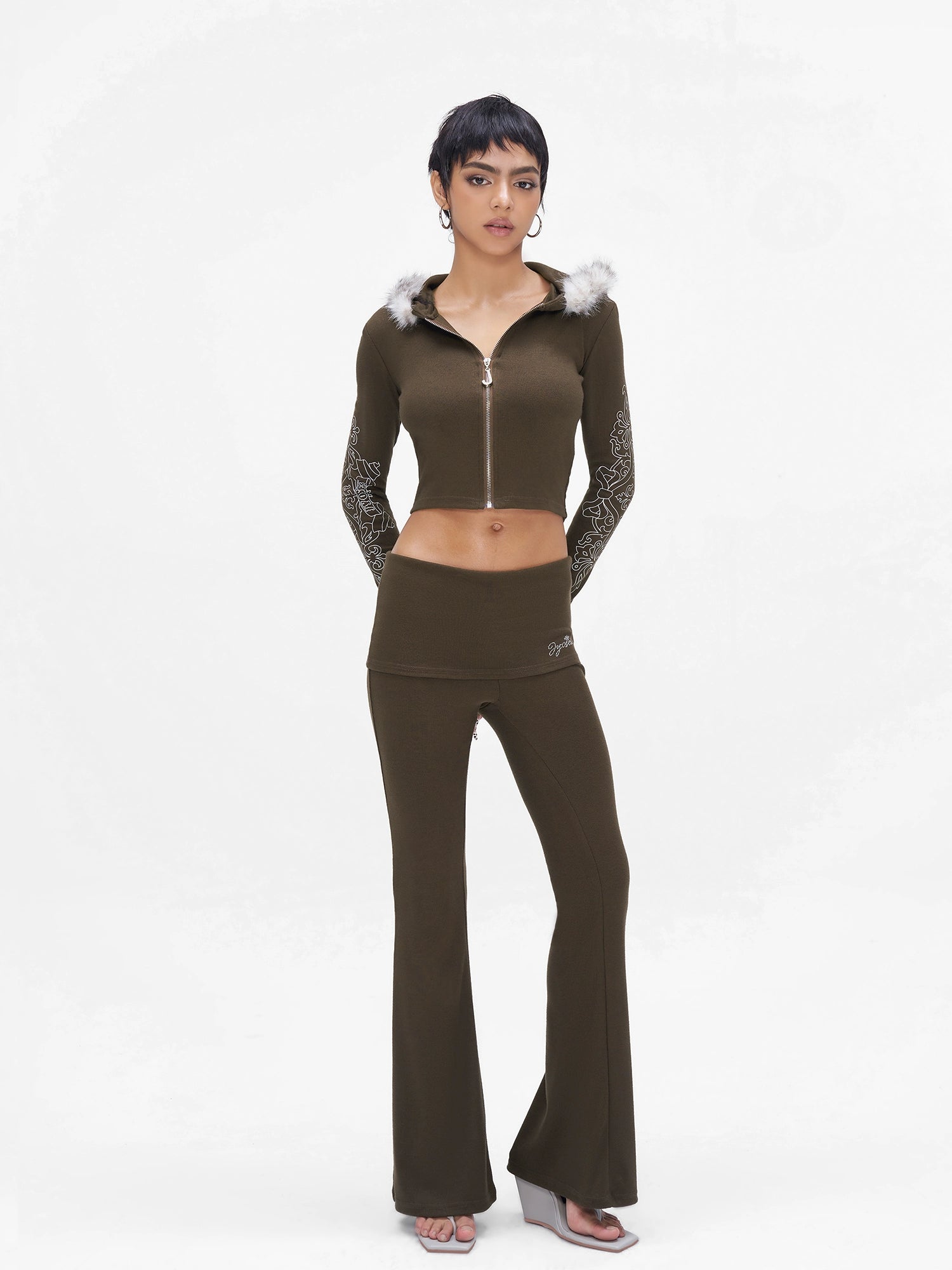 Knit Hooded Top &amp; Flare Pants Set