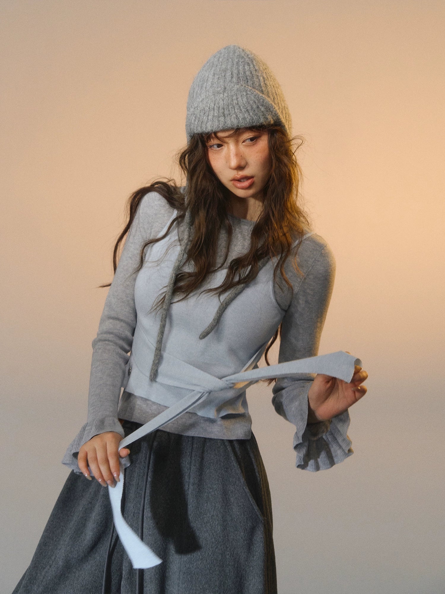 Contrast-Tie Layered Crewneck Knit Sweater