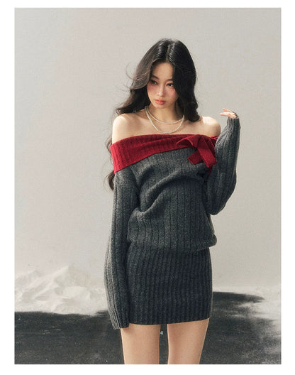 Off-Shoulder American-Style Knit Mini Dress