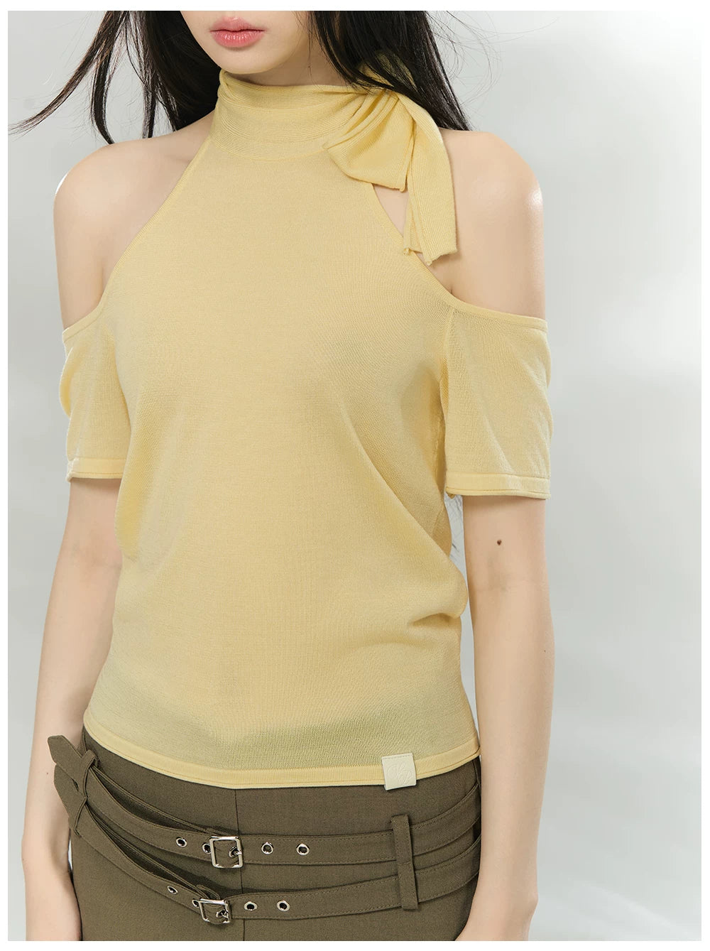 Off-Shoulder Patchwork Knit Cropped T-Shirt