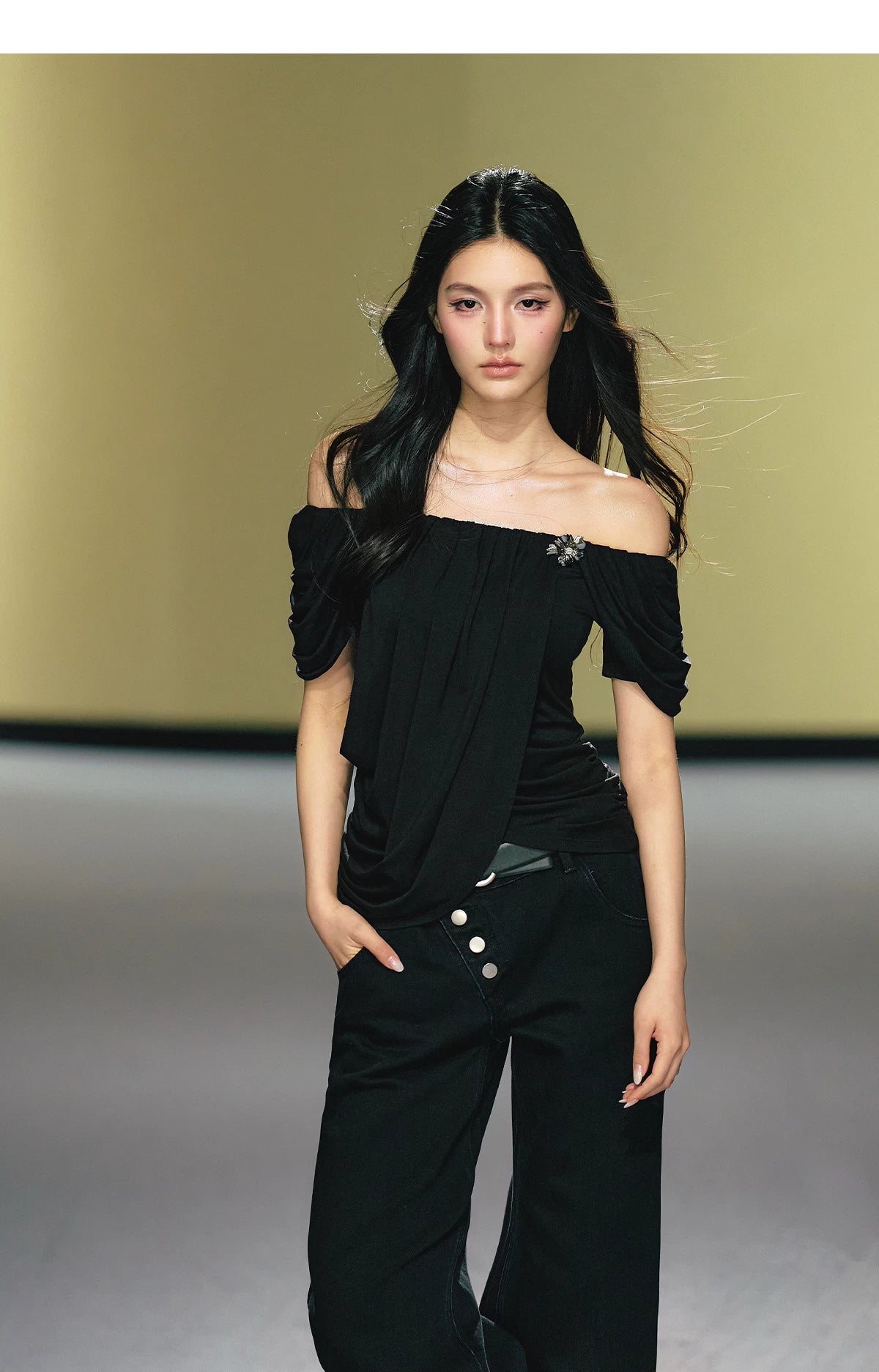 Off-Shoulder Draped Pleated Lyocell Top