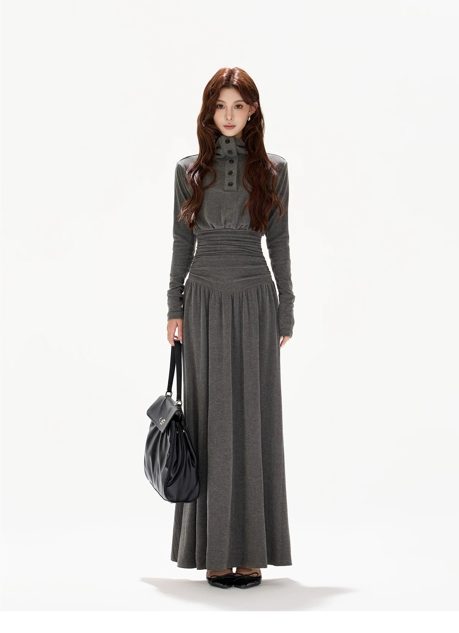 Pleated Waist-Defining A-Line Maxi Dress