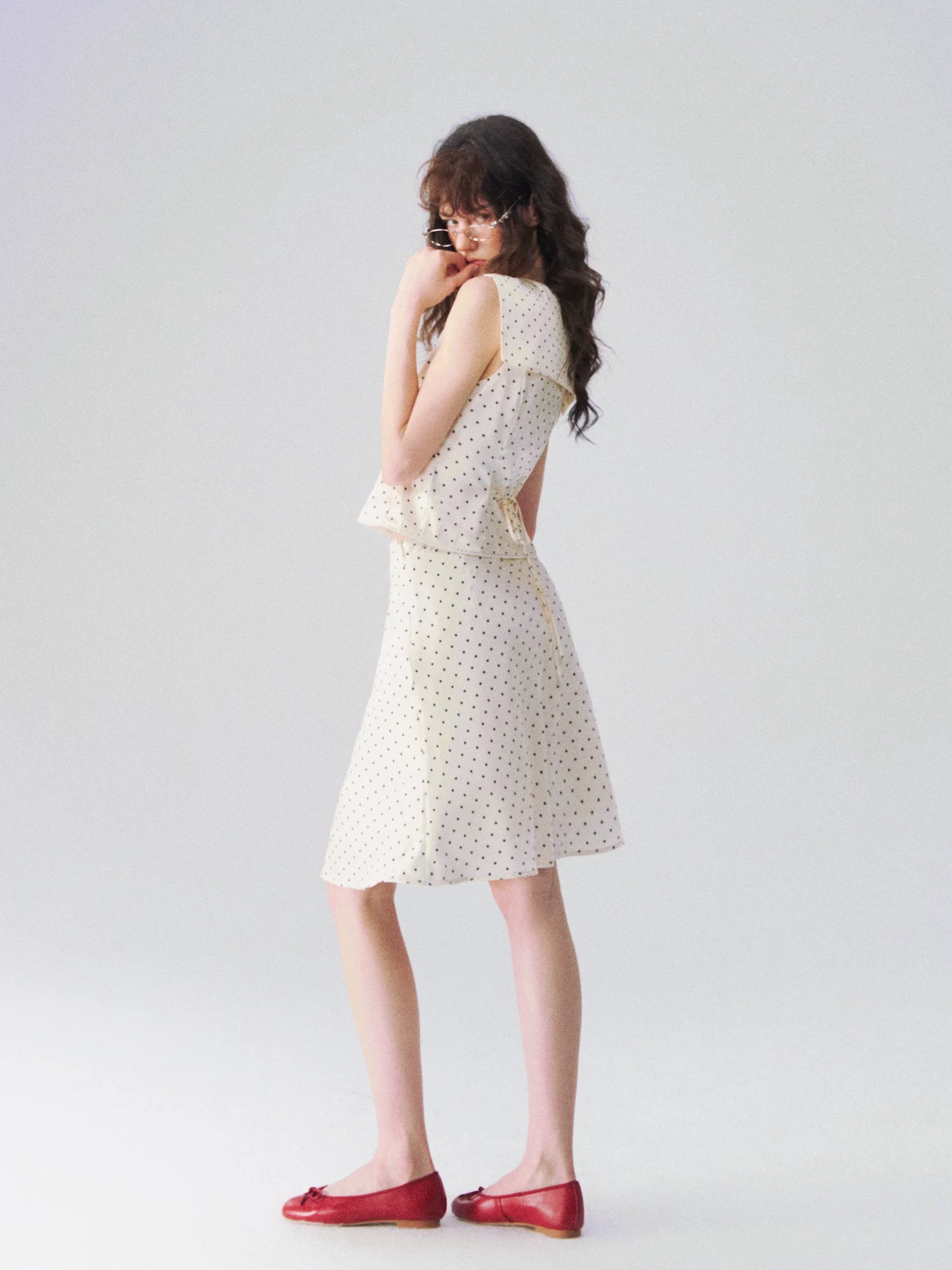 Collar Cinched Top &amp; French A-line Midi Skirt Set