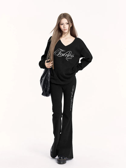 V-Neck Sweatshirt &amp; Flared Pants Set