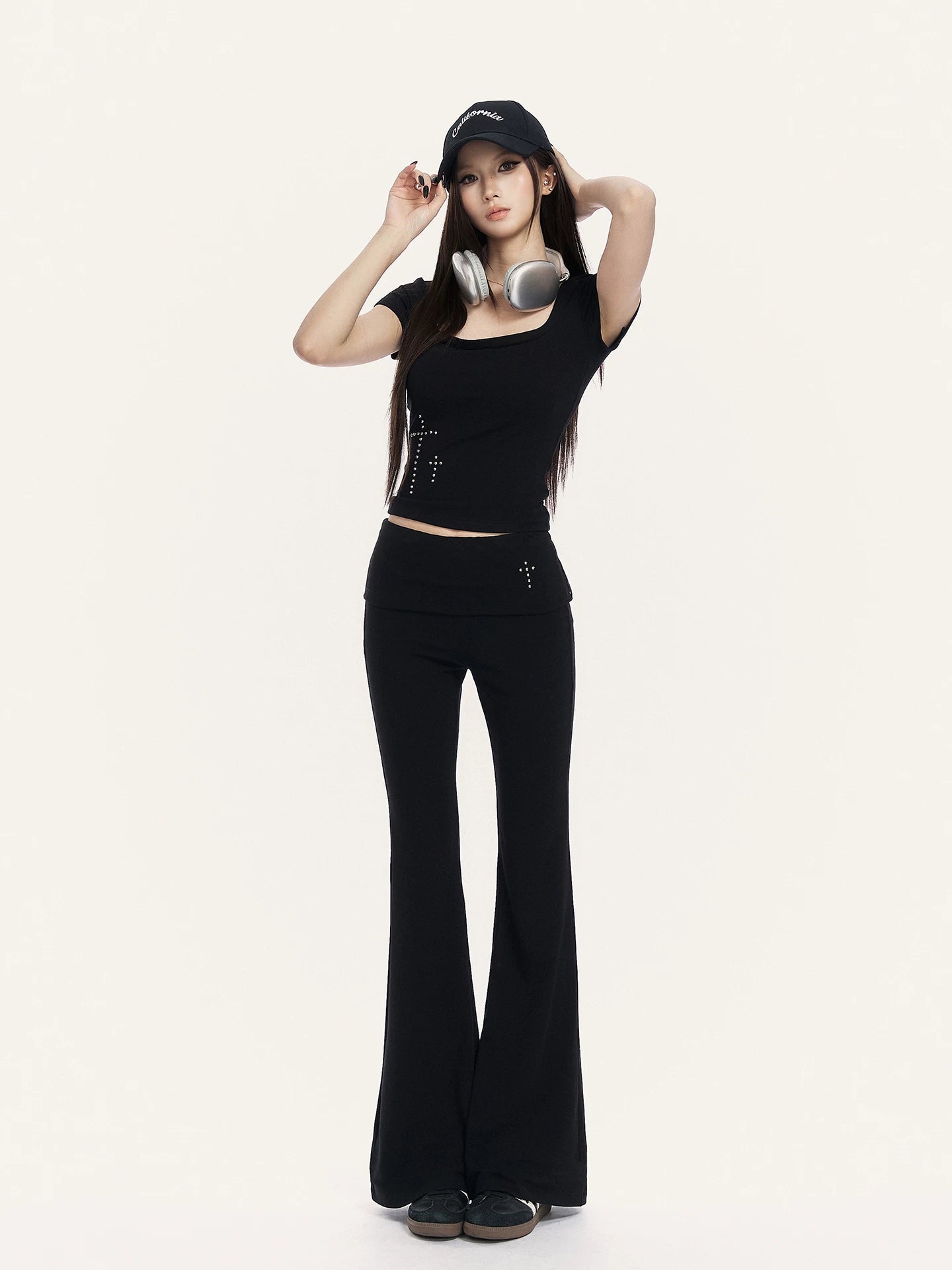 Square Neck Cropped Tee &amp; Flare Pants Set