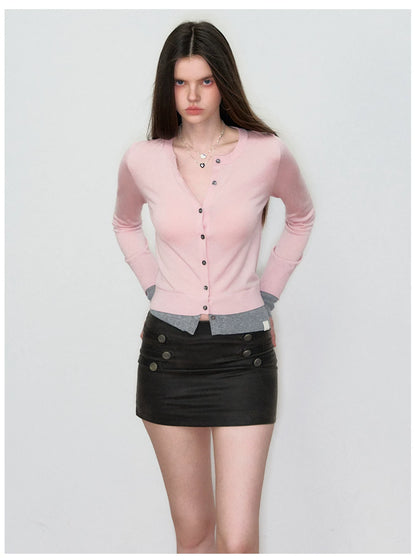 Patchwork Fitted Wool Knit Cardigan