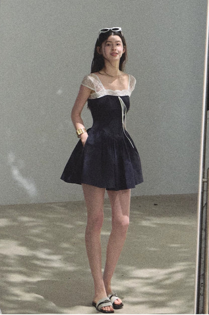 Lace-Spliced Cinched-Waist Vacation Camisole Dress