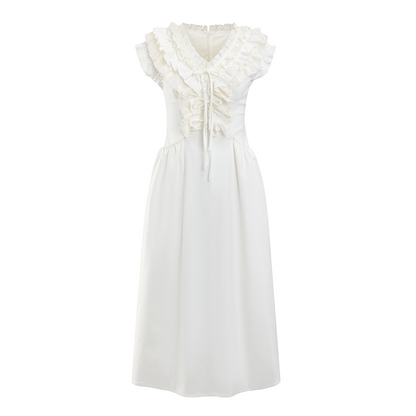 White V-neck Sleeveless Ruffled Lace Bow Dress