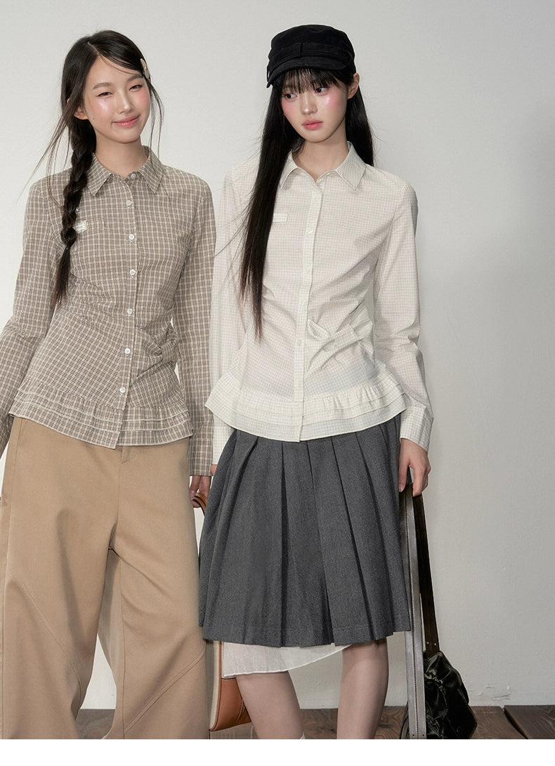 Retro Checkered Bow-Trimmed Shirt